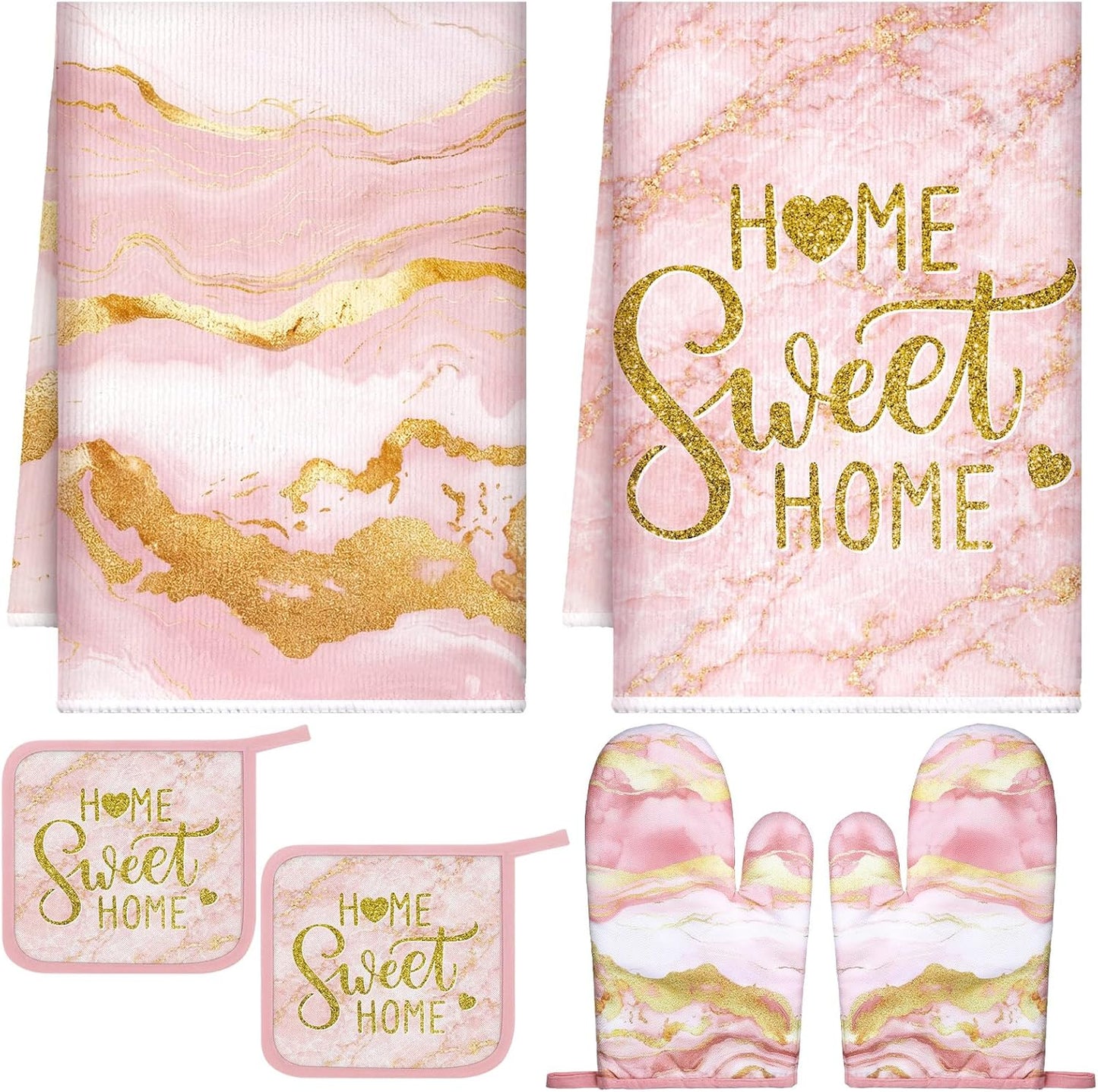 6 Pcs Pink Kitchen Decor Marble Kitchen Towels Set Pot Holders and Oven Mitts Pink Marble Linens Set for Baking Cooking Grilling Cleaning Supply Accessories