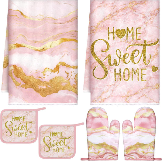 6 Pcs Pink Kitchen Decor Marble Kitchen Towels Set Pot Holders and Oven Mitts Pink Marble Linens Set for Baking Cooking Grilling Cleaning Supply Accessories