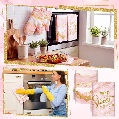 6 Pcs Pink Kitchen Decor Marble Kitchen Towels Set Pot Holders and Oven Mitts Pink Marble Linens Set for Baking Cooking Grilling Cleaning Supply Accessories