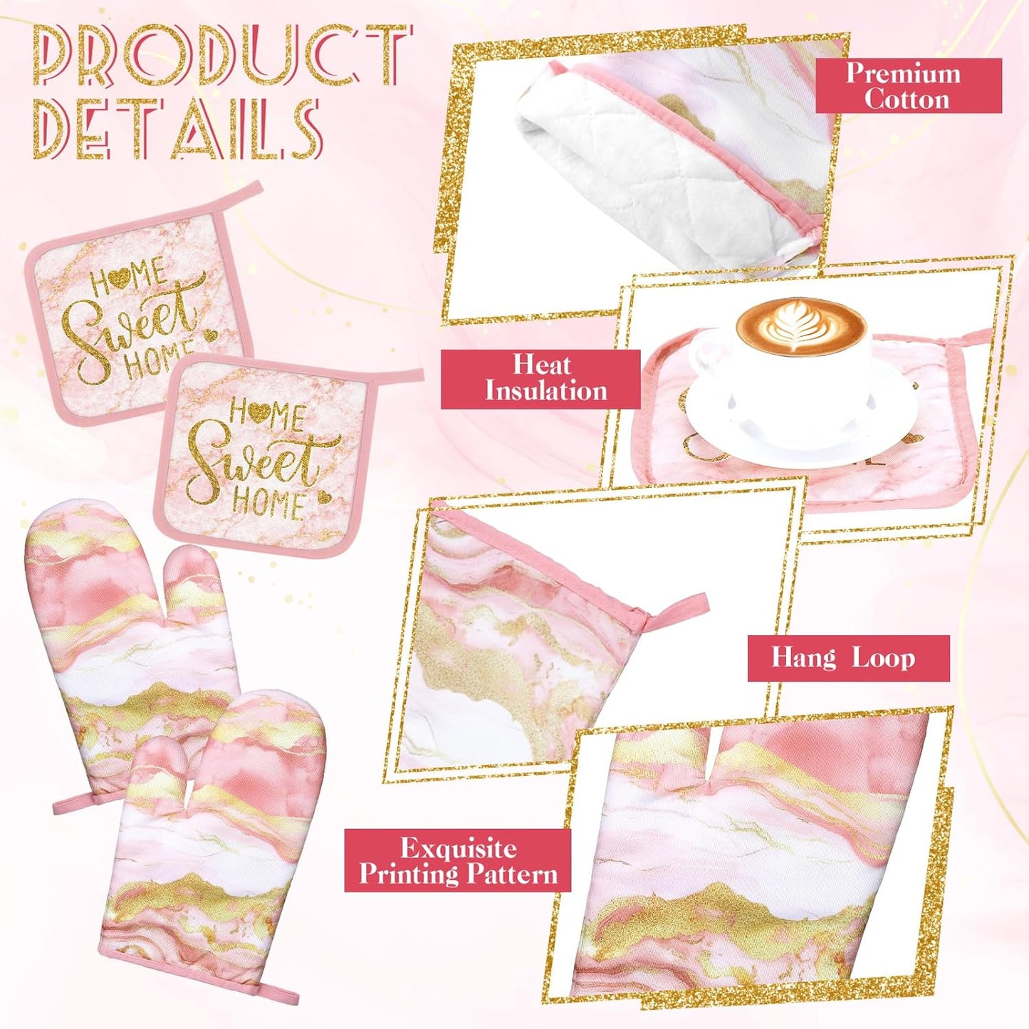 6 Pcs Pink Kitchen Decor Marble Kitchen Towels Set Pot Holders and Oven Mitts Pink Marble Linens Set for Baking Cooking Grilling Cleaning Supply Accessories