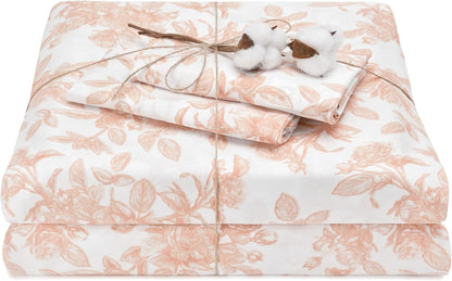 100% Pure Organic Cotton Sheets Set King Size - Peach Pink Rose Floral Pattern Print Super Soft Sheet - 4 Piece Set - Fitted Sheet, Flat Sheet & 2 Pillow Covers - King