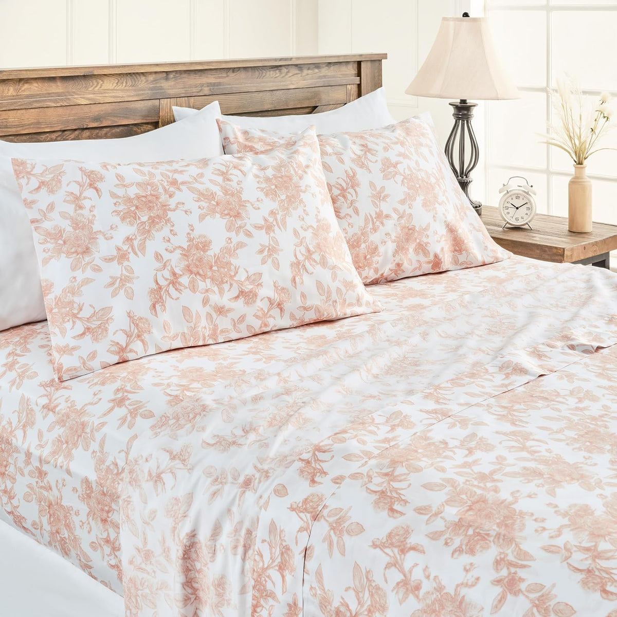 100% Pure Organic Cotton Sheets Set King Size - Peach Pink Rose Floral Pattern Print Super Soft Sheet - 4 Piece Set - Fitted Sheet, Flat Sheet & 2 Pillow Covers - King