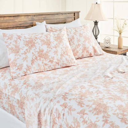 100% Pure Organic Cotton Sheets Set King Size - Peach Pink Rose Floral Pattern Print Super Soft Sheet - 4 Piece Set - Fitted Sheet, Flat Sheet & 2 Pillow Covers - King