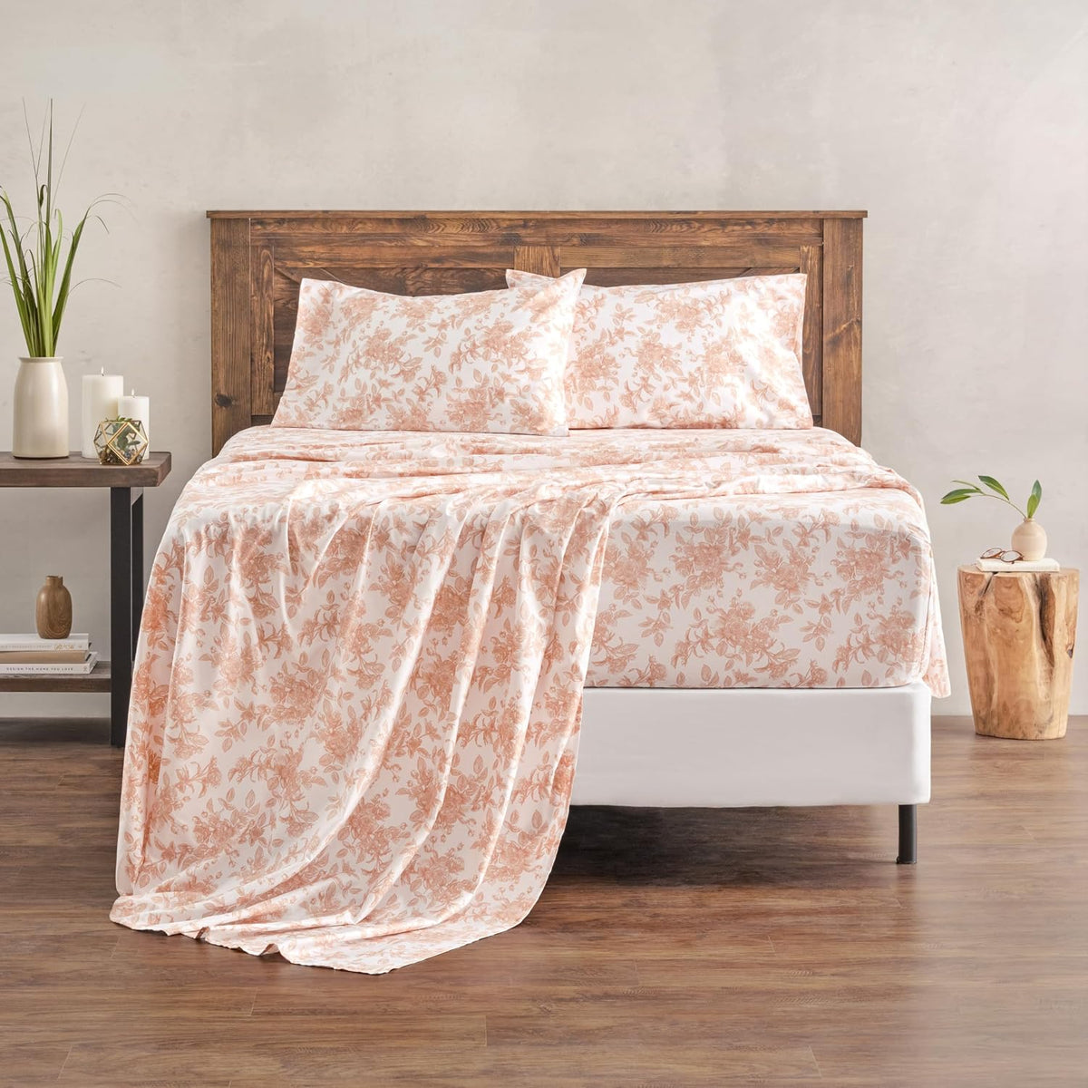100% Pure Organic Cotton Sheets Set King Size - Peach Pink Rose Floral Pattern Print Super Soft Sheet - 4 Piece Set - Fitted Sheet, Flat Sheet & 2 Pillow Covers - King