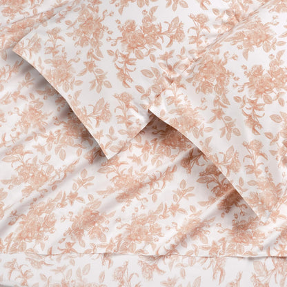 100% Pure Organic Cotton Sheets Set King Size - Peach Pink Rose Floral Pattern Print Super Soft Sheet - 4 Piece Set - Fitted Sheet, Flat Sheet & 2 Pillow Covers - King