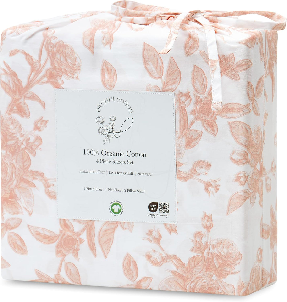 100% Pure Organic Cotton Sheets Set King Size - Peach Pink Rose Floral Pattern Print Super Soft Sheet - 4 Piece Set - Fitted Sheet, Flat Sheet & 2 Pillow Covers - King