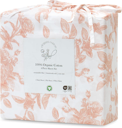 100% Pure Organic Cotton Sheets Set King Size - Peach Pink Rose Floral Pattern Print Super Soft Sheet - 4 Piece Set - Fitted Sheet, Flat Sheet & 2 Pillow Covers - King