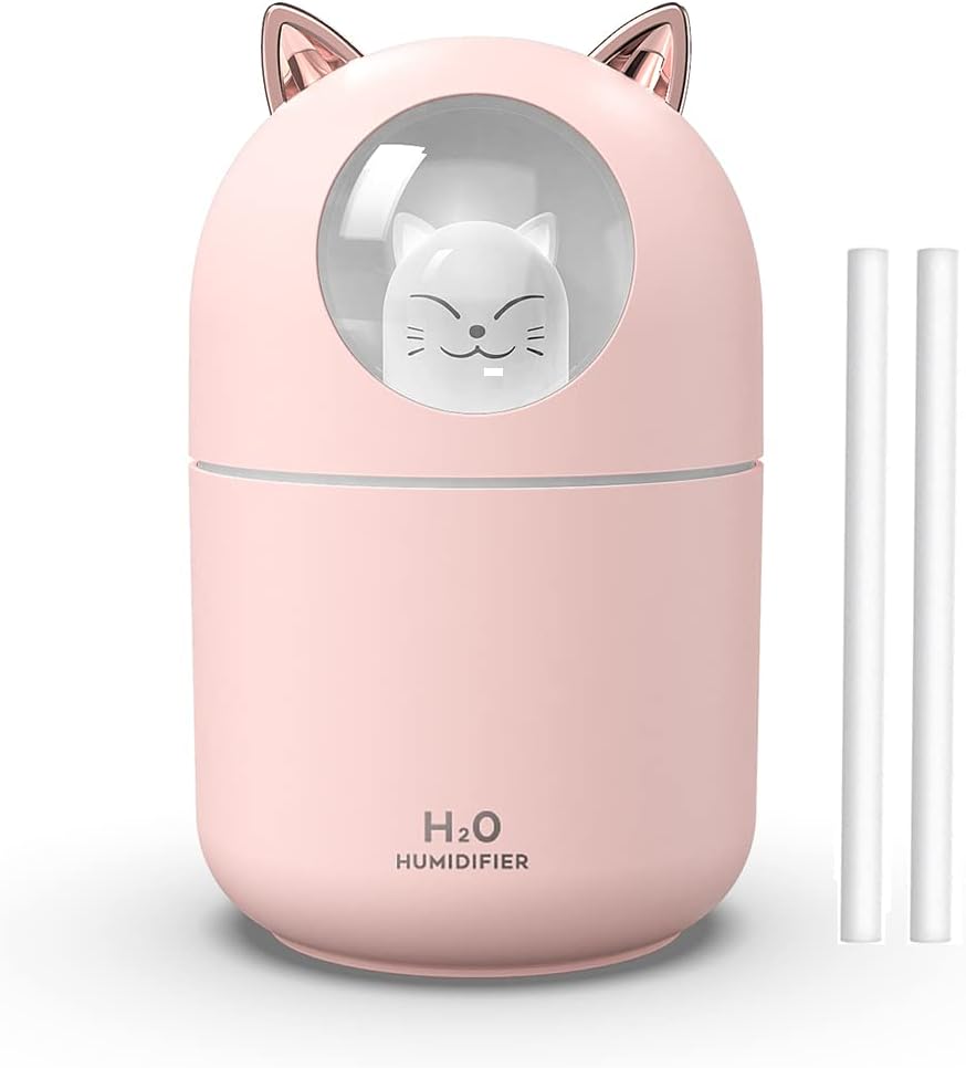 Portable 300ml Mini Cool Mist Humidifier With Night Light, USB Auto Shut-Off, Ultra-Quiet, 2 Spray Modes for Home Office Travel (Pink)