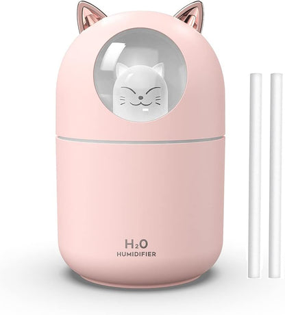 Portable 300ml Mini Cool Mist Humidifier With Night Light, USB Auto Shut-Off, Ultra-Quiet, 2 Spray Modes for Home Office Travel (Pink)