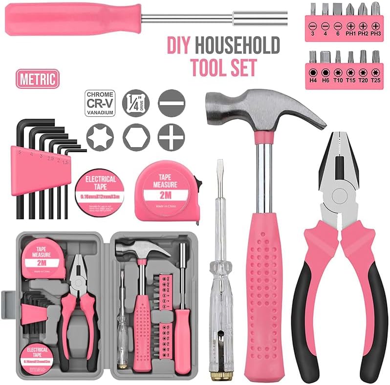24Pcs Pink Home Repair Tool Kit for Women - Compact Mini Starter Hardware Set with Hammer, Pliers, Screwdrivers - Portable Household Hand Tools, Ideal Christmas & New Year Gift for Ladies