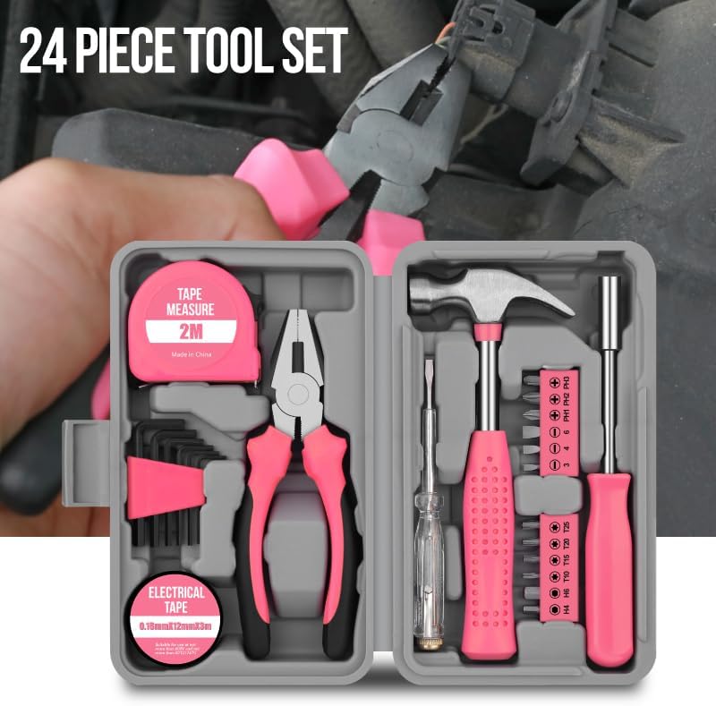 24Pcs Pink Home Repair Tool Kit for Women - Compact Mini Starter Hardware Set with Hammer, Pliers, Screwdrivers - Portable Household Hand Tools, Ideal Christmas & New Year Gift for Ladies