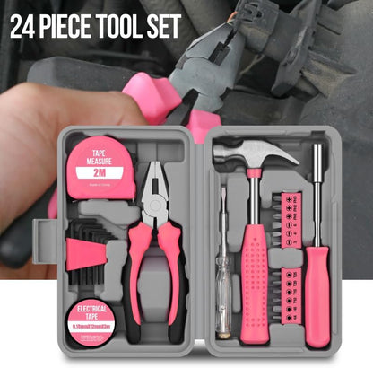 24Pcs Pink Home Repair Tool Kit for Women - Compact Mini Starter Hardware Set with Hammer, Pliers, Screwdrivers - Portable Household Hand Tools, Ideal Christmas & New Year Gift for Ladies