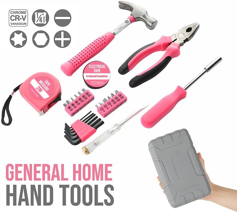 24Pcs Pink Home Repair Tool Kit for Women - Compact Mini Starter Hardware Set with Hammer, Pliers, Screwdrivers - Portable Household Hand Tools, Ideal Christmas & New Year Gift for Ladies