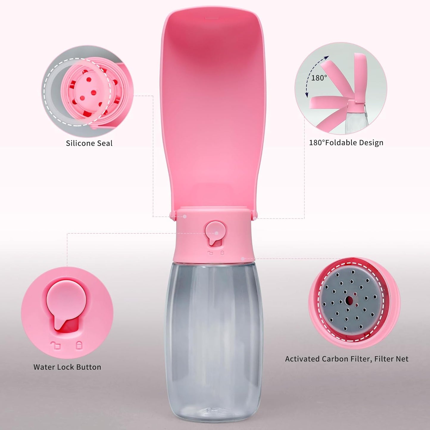 Dog Water Bottle, Leak Proof Portable Puppy Water Dispenser, Travel Puppy Water Bowl, Foldable Transparent Dog Water Bottle for Pets Outdoor Walking, Hiking, Travel, Food Grade Plastic - 19oz Pink