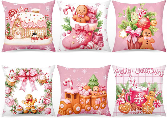 6 Pcs Pink Christmas Gingerbread Throw Pillow Covers, Classic