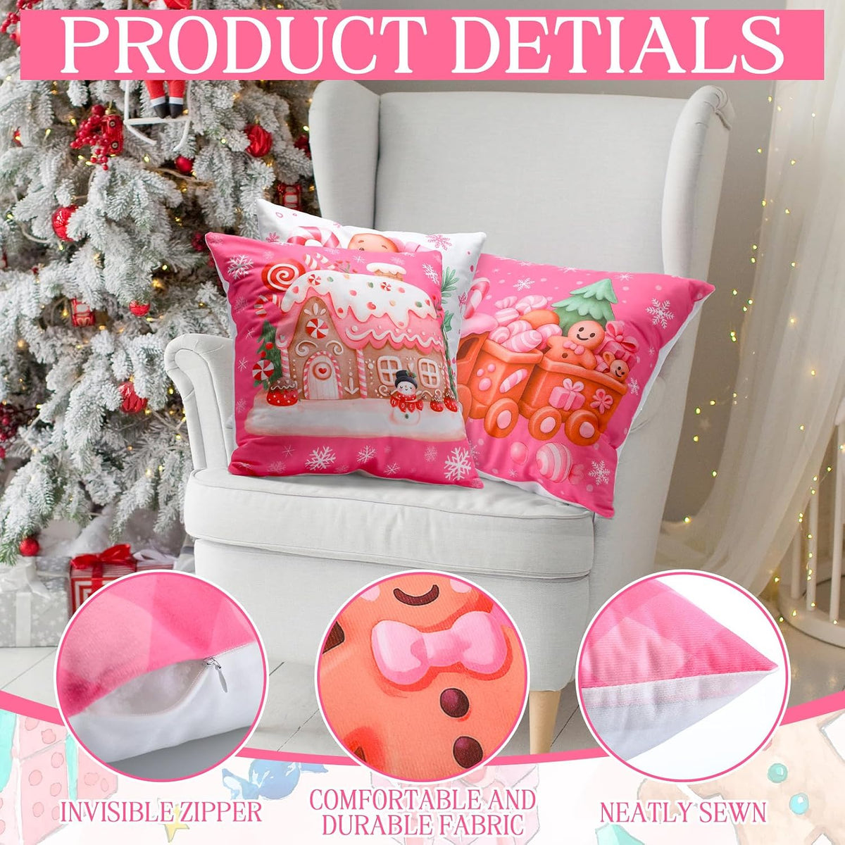 6 Pcs Pink Christmas Gingerbread Throw Pillow Covers, Classic