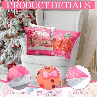 6 Pcs Pink Christmas Gingerbread Throw Pillow Covers, Classic