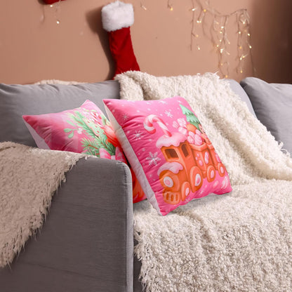 6 Pcs Pink Christmas Gingerbread Throw Pillow Covers, Classic