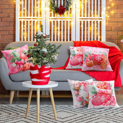 6 Pcs Pink Christmas Gingerbread Throw Pillow Covers, Classic