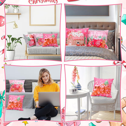 6 Pcs Pink Christmas Gingerbread Throw Pillow Covers, Classic