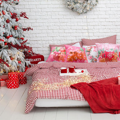 6 Pcs Pink Christmas Gingerbread Throw Pillow Covers, Classic