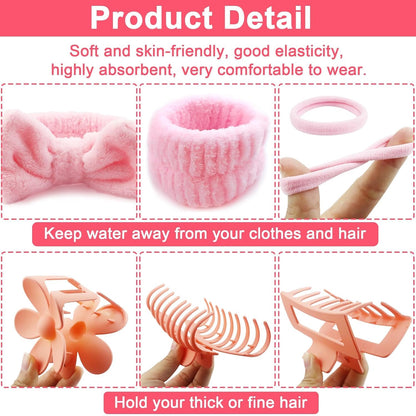 16pcs Skincare Headband Set, Headband Set for Face Washing Spa and Makeup, Including 1 Hairband, Wristband, 3 Hair Claw Clips and 10 Hair Ties, with Box, Gift for Women and Girls, Pink