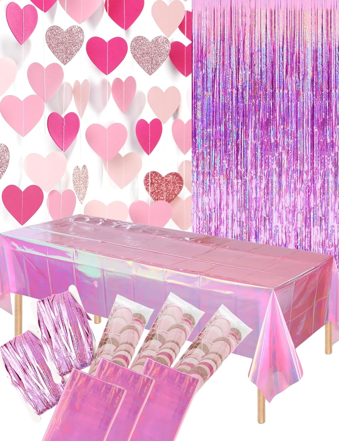 8 PCS Pink Party Decorations - Love-Heart Garland Streamers Banner, Disposable Pink Tablecloth, Tinsel Foil Fringe Curtains | Birthday, Bachelorette, Valentines Day, Girls Night