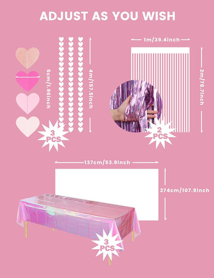 8 PCS Pink Party Decorations - Love-Heart Garland Streamers Banner, Disposable Pink Tablecloth, Tinsel Foil Fringe Curtains | Birthday, Bachelorette, Valentines Day, Girls Night