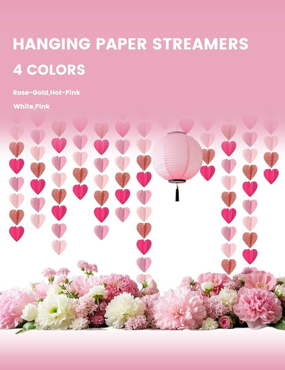 8 PCS Pink Party Decorations - Love-Heart Garland Streamers Banner, Disposable Pink Tablecloth, Tinsel Foil Fringe Curtains | Birthday, Bachelorette, Valentines Day, Girls Night