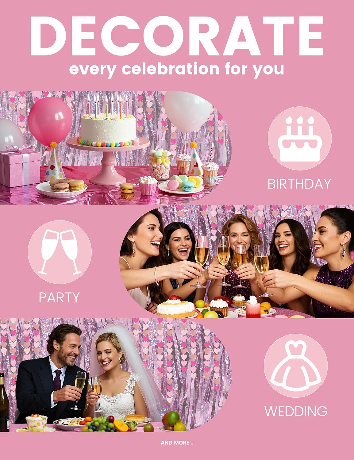 8 PCS Pink Party Decorations - Love-Heart Garland Streamers Banner, Disposable Pink Tablecloth, Tinsel Foil Fringe Curtains | Birthday, Bachelorette, Valentines Day, Girls Night