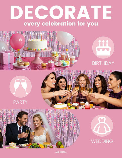 8 PCS Pink Party Decorations - Love-Heart Garland Streamers Banner, Disposable Pink Tablecloth, Tinsel Foil Fringe Curtains | Birthday, Bachelorette, Valentines Day, Girls Night
