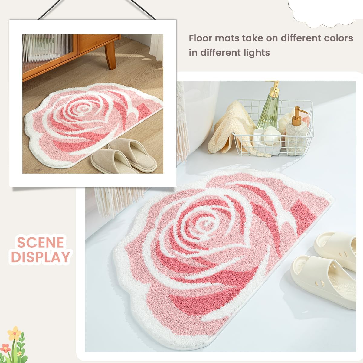 Floral Bathroom Mat Cute Rug Super Absorbent Bath Rug Non Slip Machine Wash Rug for Living Room, Bedroom and Kitchen (31"x20", Pink Rose)