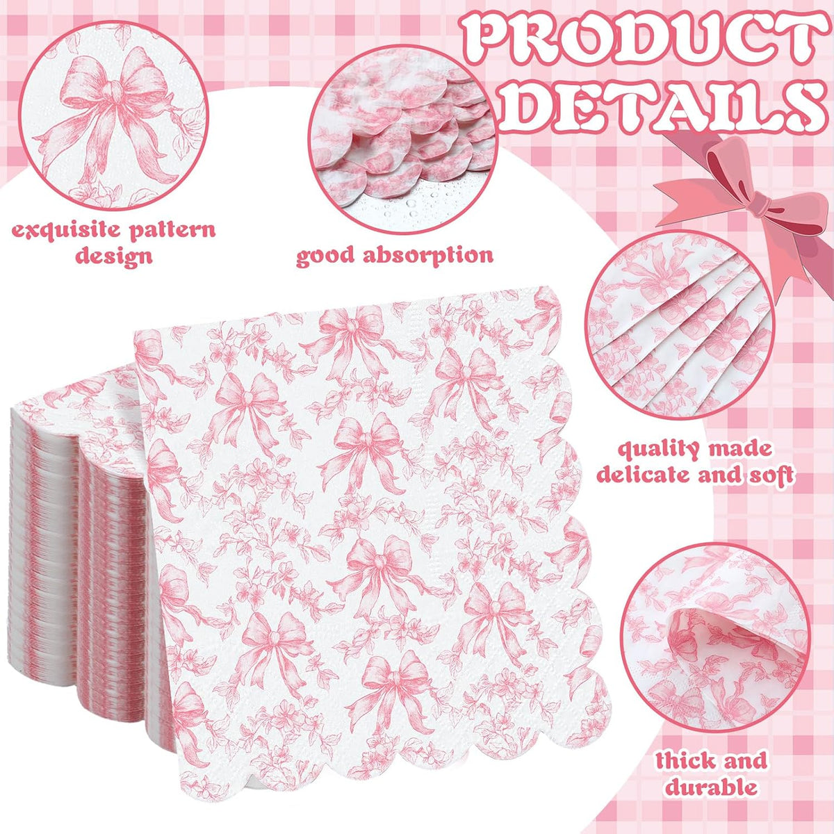 150 Pcs Pink Bow Napkins Coquette Party Disposable Paper