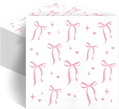 Bow Napkins 100 Pcs Coquette Themed Disposable Cocktail Napkins for Guests Bridal Shower Bachelorette Party Dinner Lunch Bow Party Decorations 6.5x6.5 Inch (Pink)