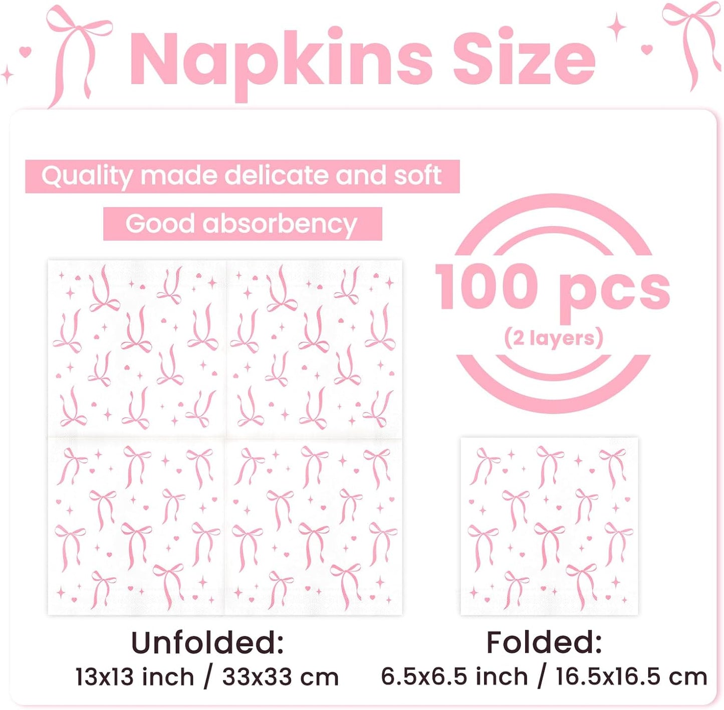 Bow Napkins 100 Pcs Coquette Themed Disposable Cocktail Napkins for Guests Bridal Shower Bachelorette Party Dinner Lunch Bow Party Decorations 6.5x6.5 Inch (Pink)