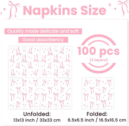 Bow Napkins 100 Pcs Coquette Themed Disposable Cocktail Napkins for Guests Bridal Shower Bachelorette Party Dinner Lunch Bow Party Decorations 6.5x6.5 Inch (Pink)