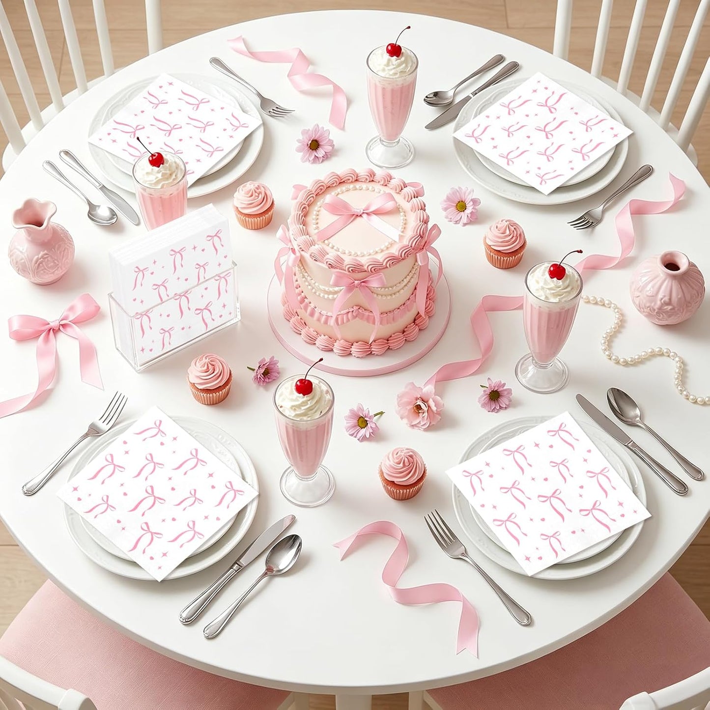 Bow Napkins 100 Pcs Coquette Themed Disposable Cocktail Napkins for Guests Bridal Shower Bachelorette Party Dinner Lunch Bow Party Decorations 6.5x6.5 Inch (Pink)