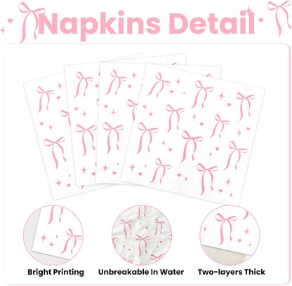 Bow Napkins 100 Pcs Coquette Themed Disposable Cocktail Napkins for Guests Bridal Shower Bachelorette Party Dinner Lunch Bow Party Decorations 6.5x6.5 Inch (Pink)