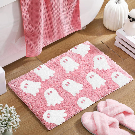 Ghost Bathroom Mat Pink Halloween Bath Rug 24 x 16 Inch Cute Non Slip Spooky Ghost Bathroom Decoration Plush Microfiber Rug Halloween Decor for Home Bedroom Shower Floor