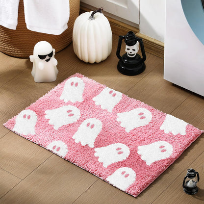 Ghost Bathroom Mat Pink Halloween Bath Rug 24 x 16 Inch Cute Non Slip Spooky Ghost Bathroom Decoration Plush Microfiber Rug Halloween Decor for Home Bedroom Shower Floor
