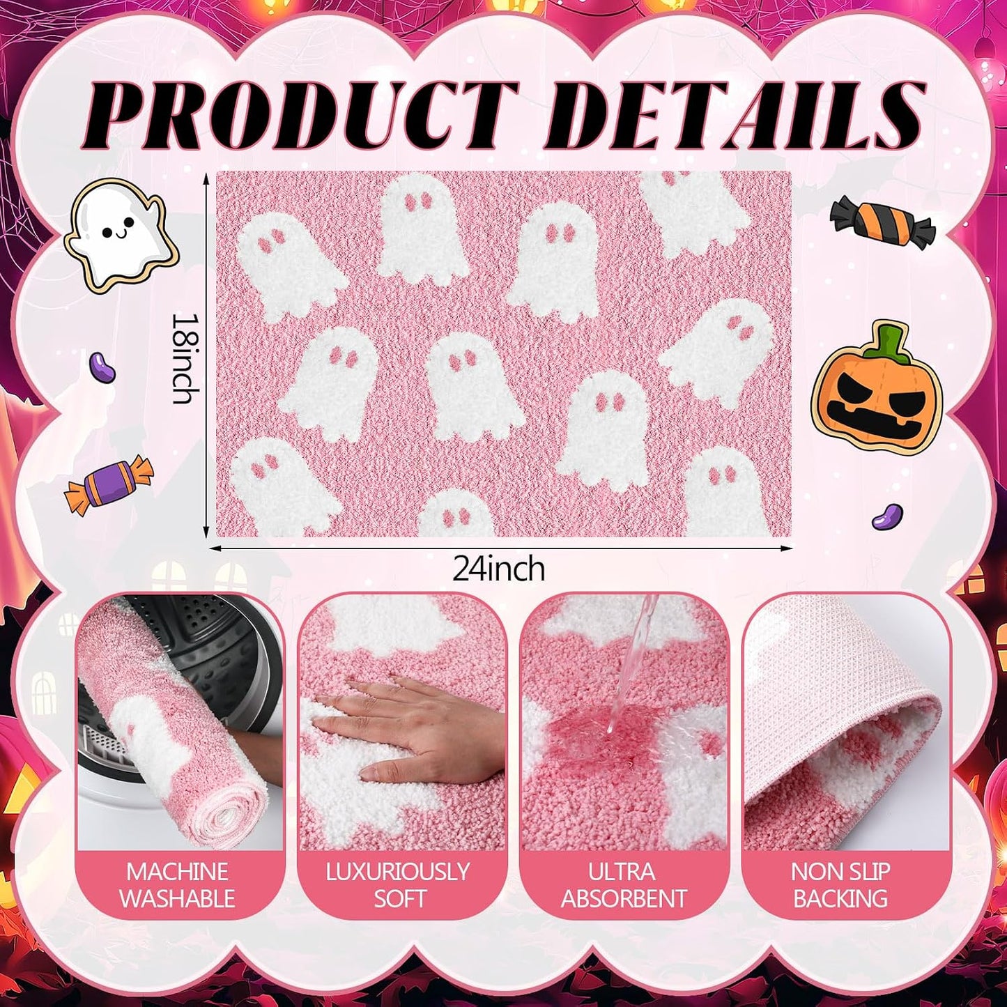 Ghost Bathroom Mat Pink Halloween Bath Rug 24 x 16 Inch Cute Non Slip Spooky Ghost Bathroom Decoration Plush Microfiber Rug Halloween Decor for Home Bedroom Shower Floor