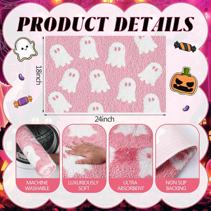 Ghost Bathroom Mat Pink Halloween Bath Rug 24 x 16 Inch Cute Non Slip Spooky Ghost Bathroom Decoration Plush Microfiber Rug Halloween Decor for Home Bedroom Shower Floor