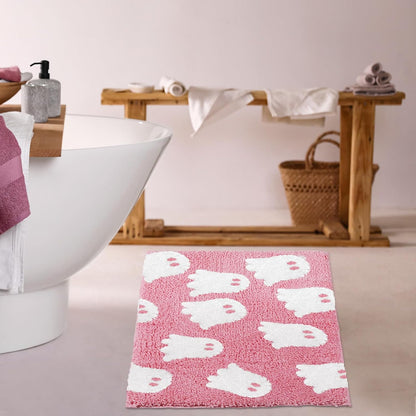 Ghost Bathroom Mat Pink Halloween Bath Rug 24 x 16 Inch Cute Non Slip Spooky Ghost Bathroom Decoration Plush Microfiber Rug Halloween Decor for Home Bedroom Shower Floor