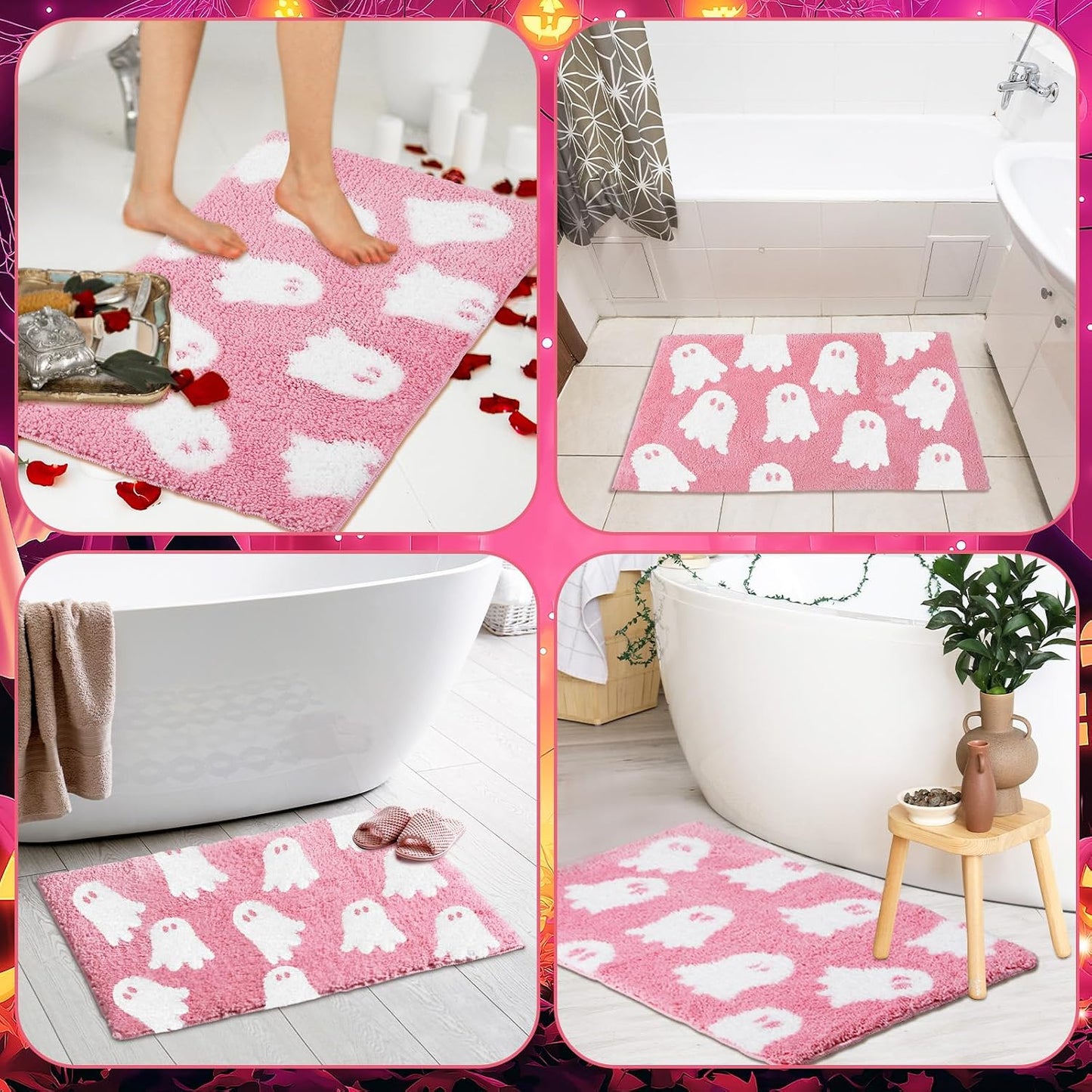 Ghost Bathroom Mat Pink Halloween Bath Rug 24 x 16 Inch Cute Non Slip Spooky Ghost Bathroom Decoration Plush Microfiber Rug Halloween Decor for Home Bedroom Shower Floor