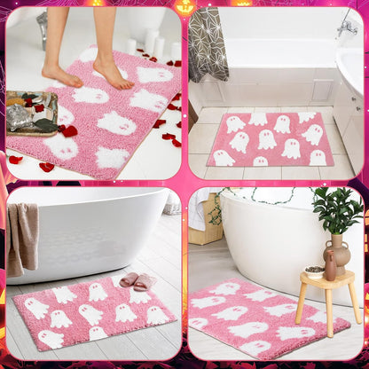 Ghost Bathroom Mat Pink Halloween Bath Rug 24 x 16 Inch Cute Non Slip Spooky Ghost Bathroom Decoration Plush Microfiber Rug Halloween Decor for Home Bedroom Shower Floor