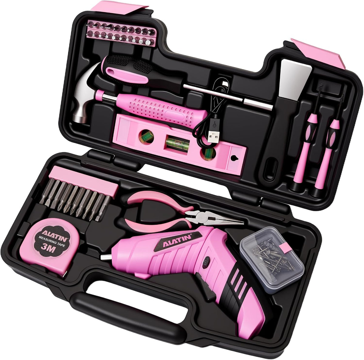 Pink Cordless Screwdriver Tool Set, 40-Piece Household Hand Tool Kit