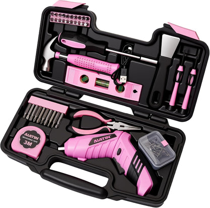 Pink Cordless Screwdriver Tool Set, 40-Piece Household Hand Tool Kit