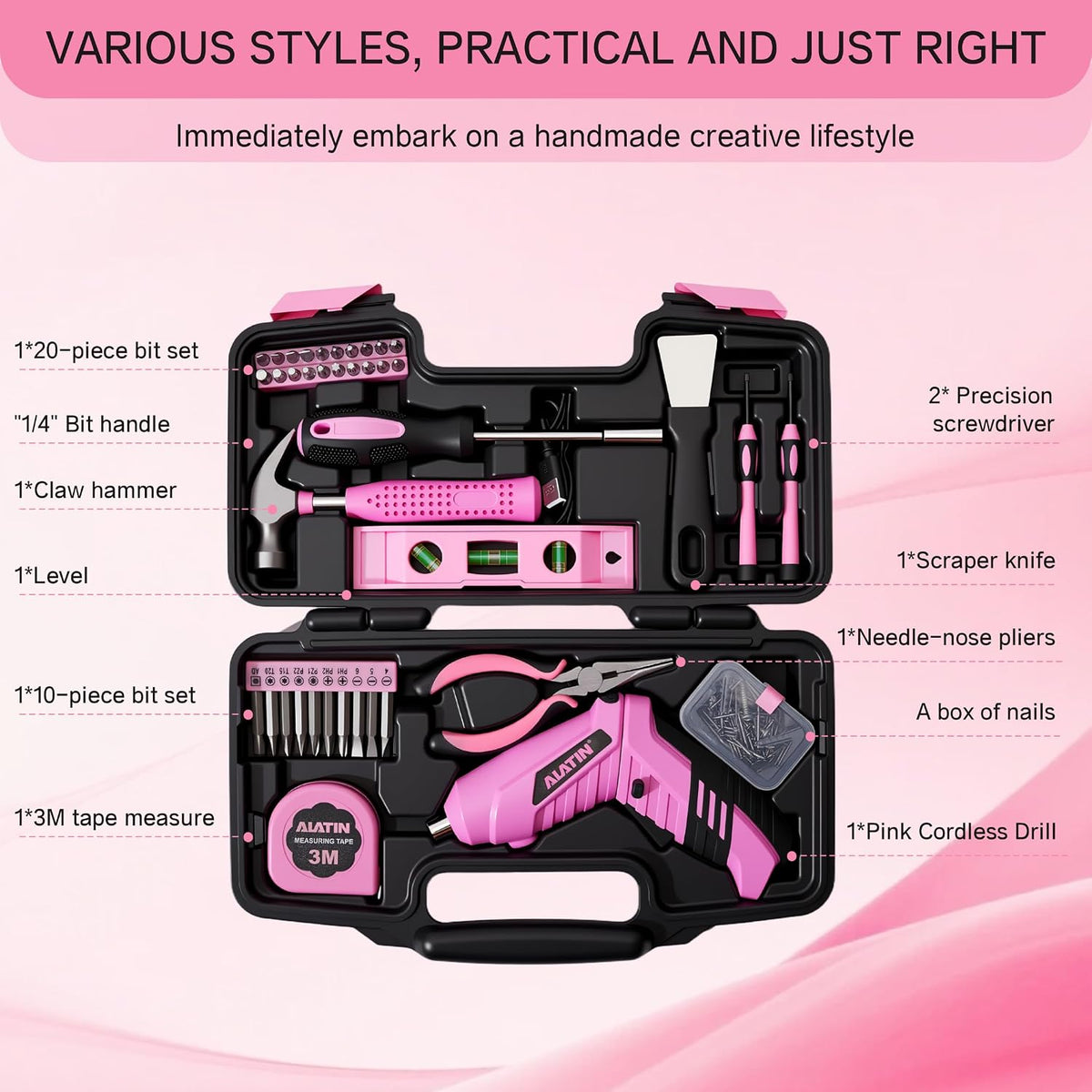 Pink Cordless Screwdriver Tool Set, 40-Piece Household Hand Tool Kit
