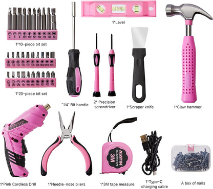Pink Cordless Screwdriver Tool Set, 40-Piece Household Hand Tool Kit