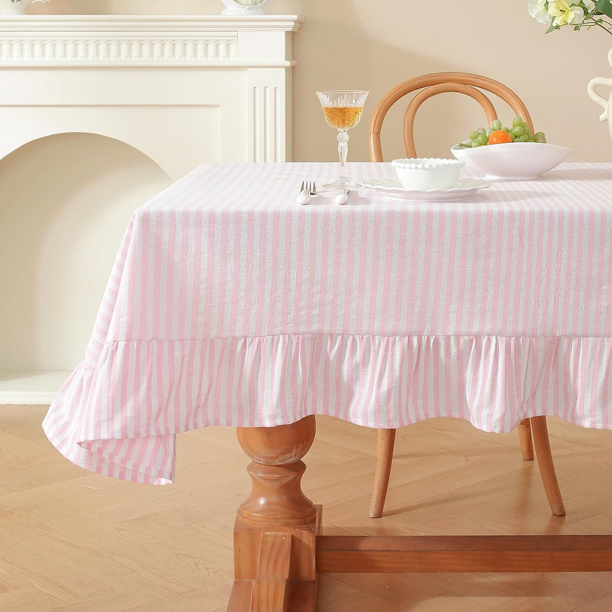 Striped Ruffled Tablecloth Square Spring Cotton Blend Stripe Table Cloth with Tassel, Farmhouse Washable Wrinkle Free Heavy Table Cover for Valentines Day Outdoor Picnic Party, Pink, 55''x55''